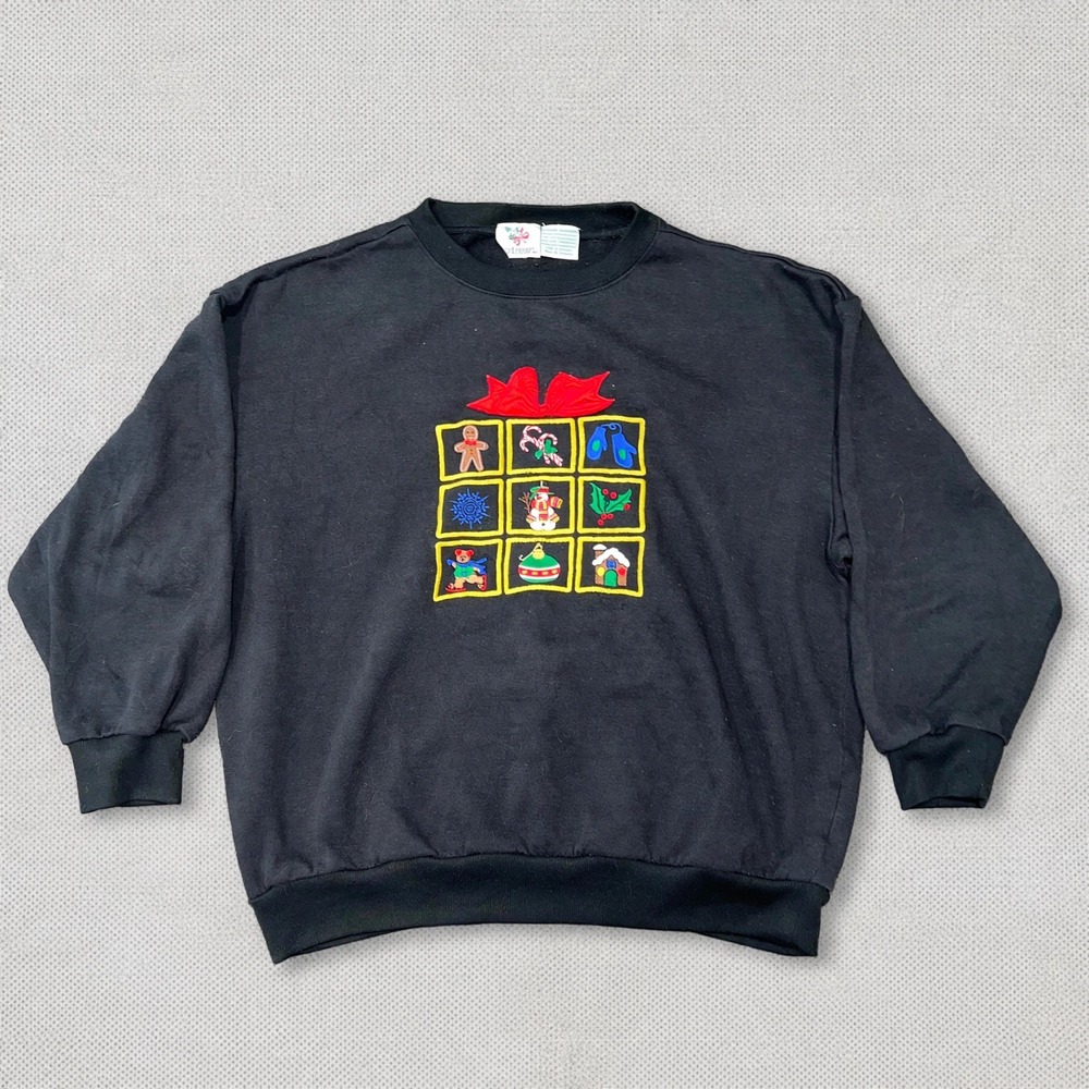NutCracker Christmas Sweatshirt Bingo Grid Embroidered Gift Bow Black Unisex L